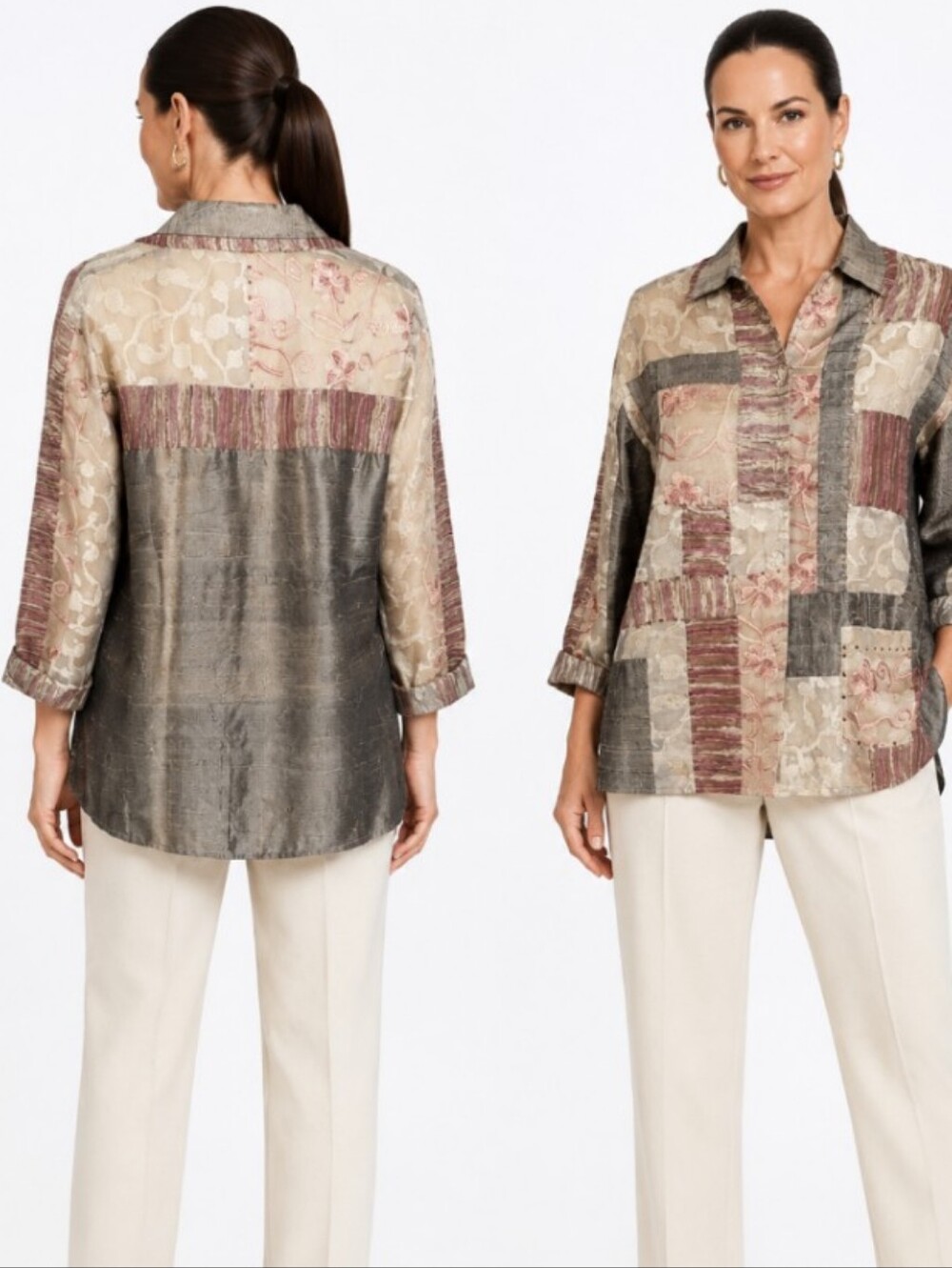 Vtg Silk Embroidery Sage Green Neutrals Patchwork Artsy Tunic  Old Money Sz XL